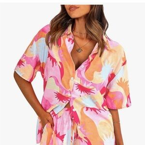 Pretty Garden Pink and Orange Button-Up top and short set